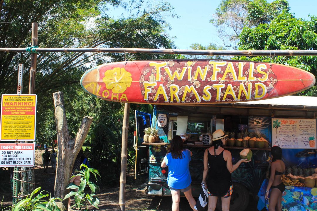 Women shop for fresh fruit and drinks at Twin Falls Farm Stand, a rustic roadside stall on the Road to Hana in Maui, Hawaii.